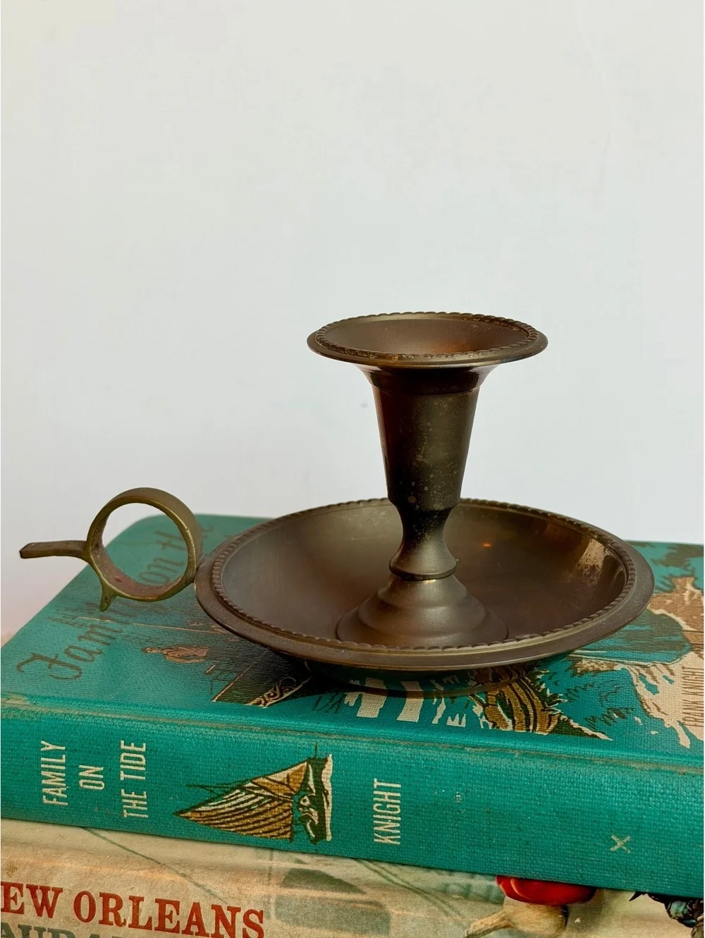 Vintage Brass Chamberstick Candle Holder Taj Mahal India Finger Loop Handle